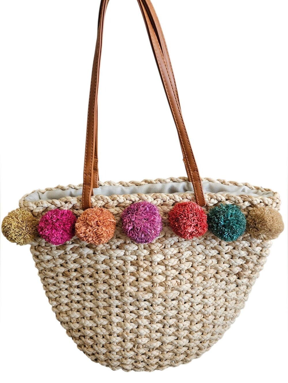 Women's Natural Straw Tote with Colorful Pom-Poms Bucket Beach  Bag